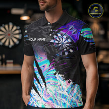Load image into Gallery viewer, Man wearing custom holographic dartboard eagle darts team jersey polo shirt featuring holographic eagle dartboard artwork, front view.