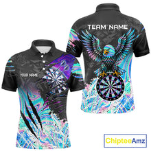 Load image into Gallery viewer, Custom holographic dartboard eagle darts team jersey polo shirt for men featuring a holographic eagle and dartboard design, premium custom darts league apparel.