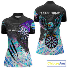 Load image into Gallery viewer, Custom holographic dartboard eagle darts team jersey quarter zip shirt for women featuring holographic eagle dartboard artwork, premium custom darts apparel.