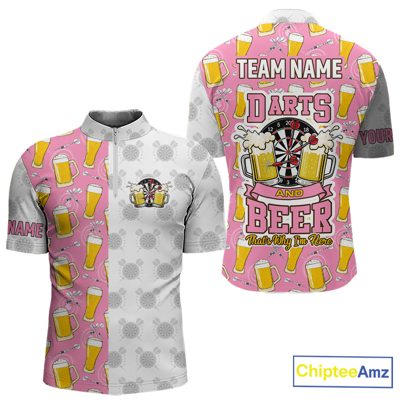 Pink and white darts and beer darts quarter zip shirt for men designed for league tournaments and team events.