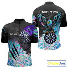Load image into Gallery viewer, Custom holographic dartboard eagle darts team jersey quarter zip shirt for men featuring holographic eagle dartboard artwork, premium custom darts apparel.