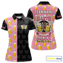 Load image into Gallery viewer, Pink and black darts and beer darts polo shirt for women with custom darts team graphics.