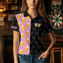 Load image into Gallery viewer, Woman wearing a pink and black darts and beer darts jersey front view.