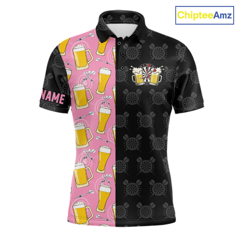 Pink and black darts and beer darts polo shirt for men with custom darts team graphics.