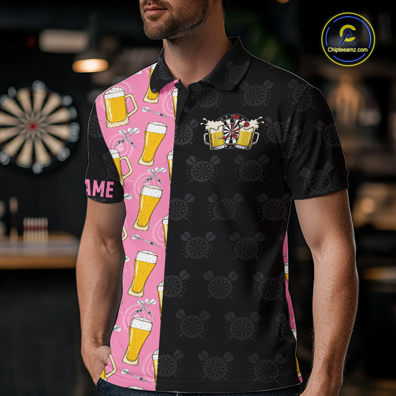 Man wearing a pink and black darts and beer darts jersey front view.
