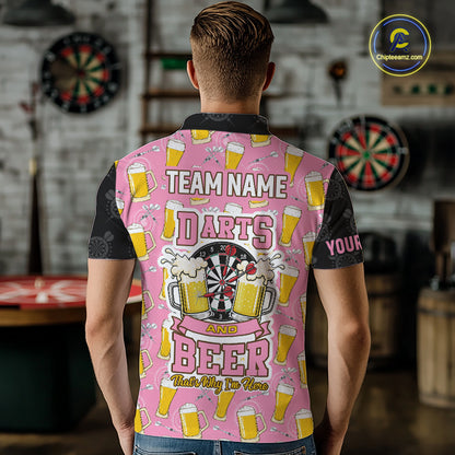 Back view of man wearing a pink and black darts and beer darts shirt.