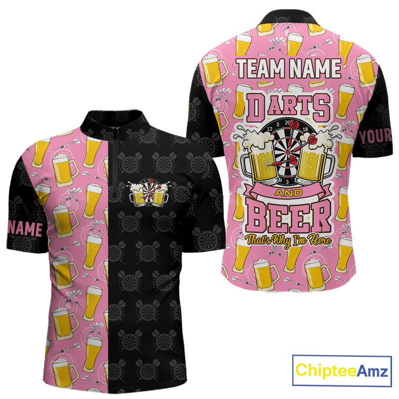Pink and black darts and beer darts quarter zip shirt for men designed for league tournaments and team events.