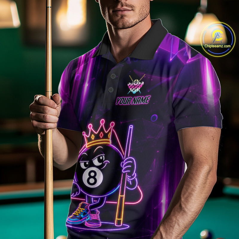 Man Wearing Purple Funny Neon 8 Ball Pool Billiard Polo Shirt with Athletic Performance Fit and Vibrant Graphic Artwork, Front View