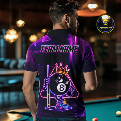 Man Wearing Purple Funny Neon 8 Ball Custom Billiard League Team Jersey Featuring the Complete Rear Neon Artwork, Back View