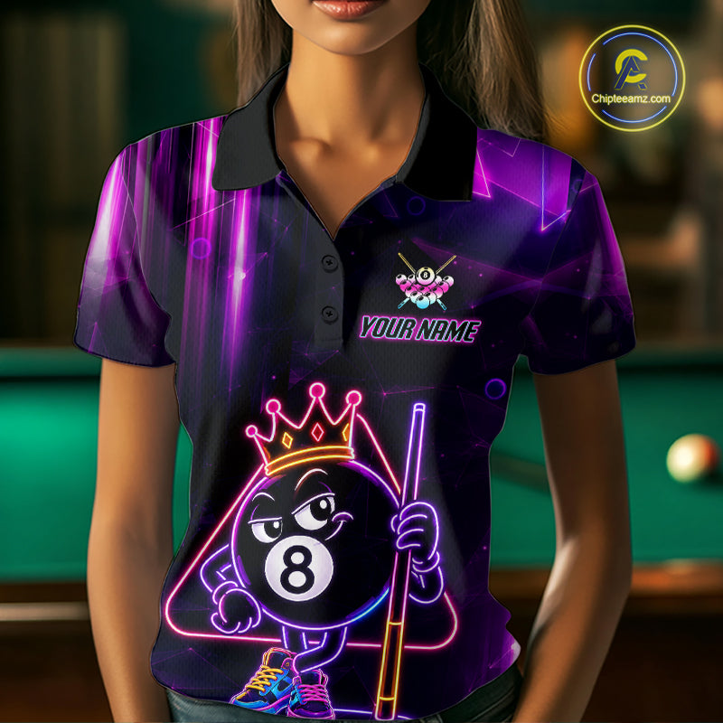 Woman Wearing Purple Funny Neon 8 Ball Pool Billiard Polo Shirt with Athletic Performance Fit and Vibrant Graphic Artwork, Front View