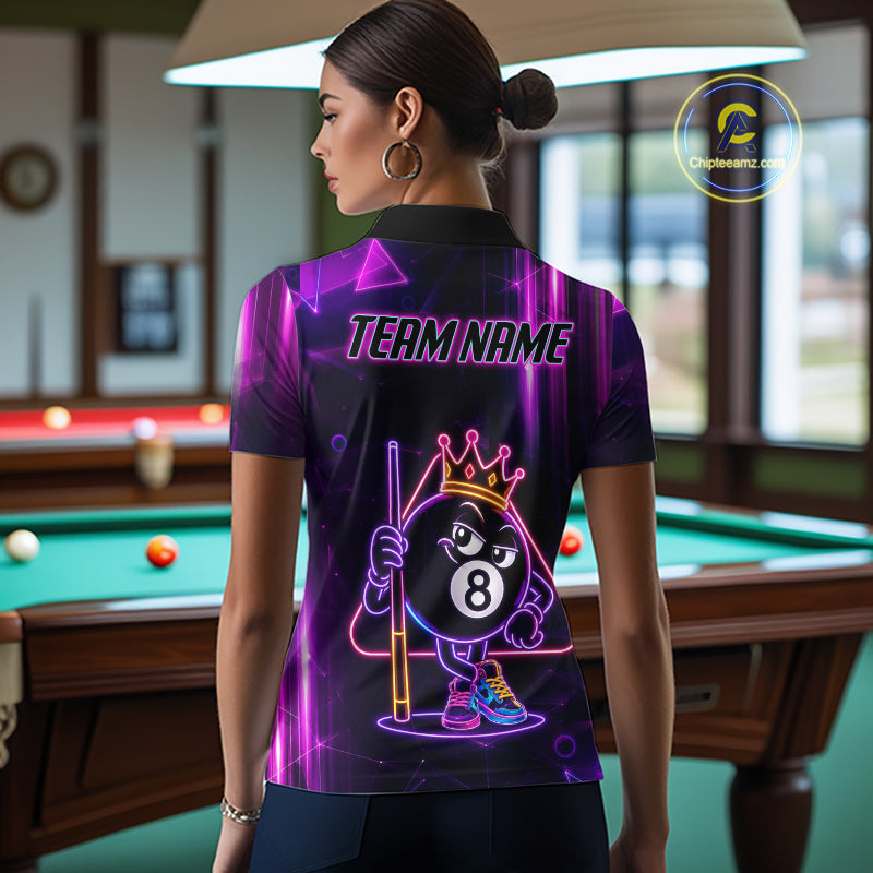 Woman Wearing Purple Funny Neon 8 Ball Custom Billiard League Team Jersey Featuring the Complete Rear Neon Artwork, Back View