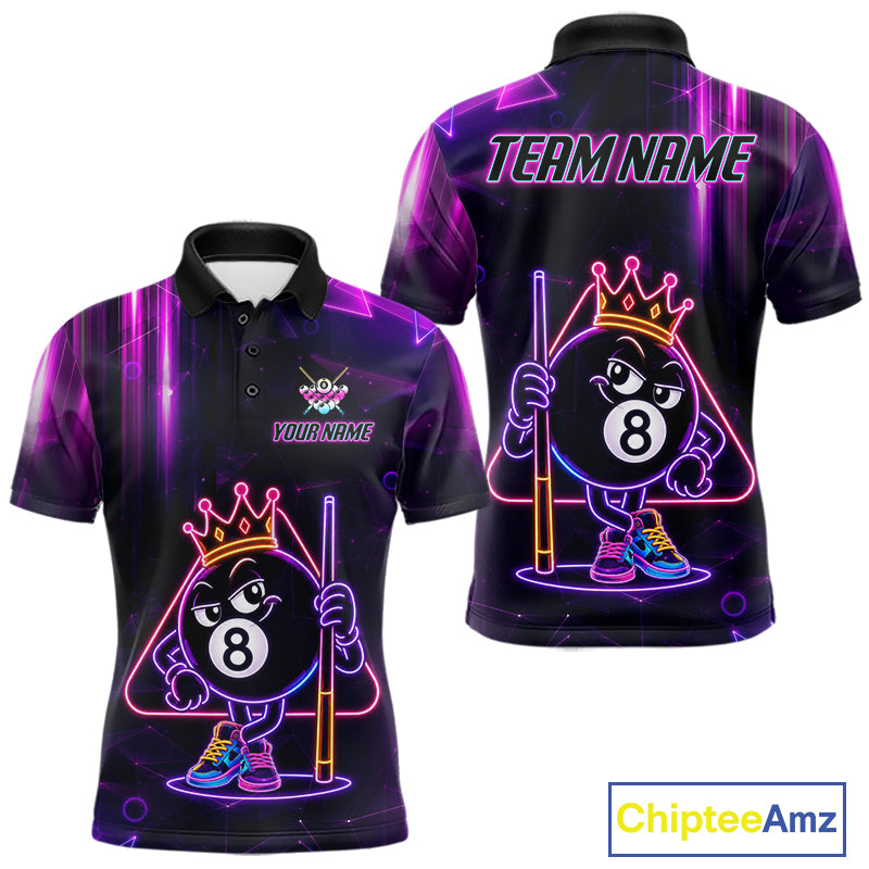 Custom Purple Funny Neon 8 Ball Pool Polo Shirt Designed for Billiard League Teams with Eye Catching Graphics and Athletic Performance Style