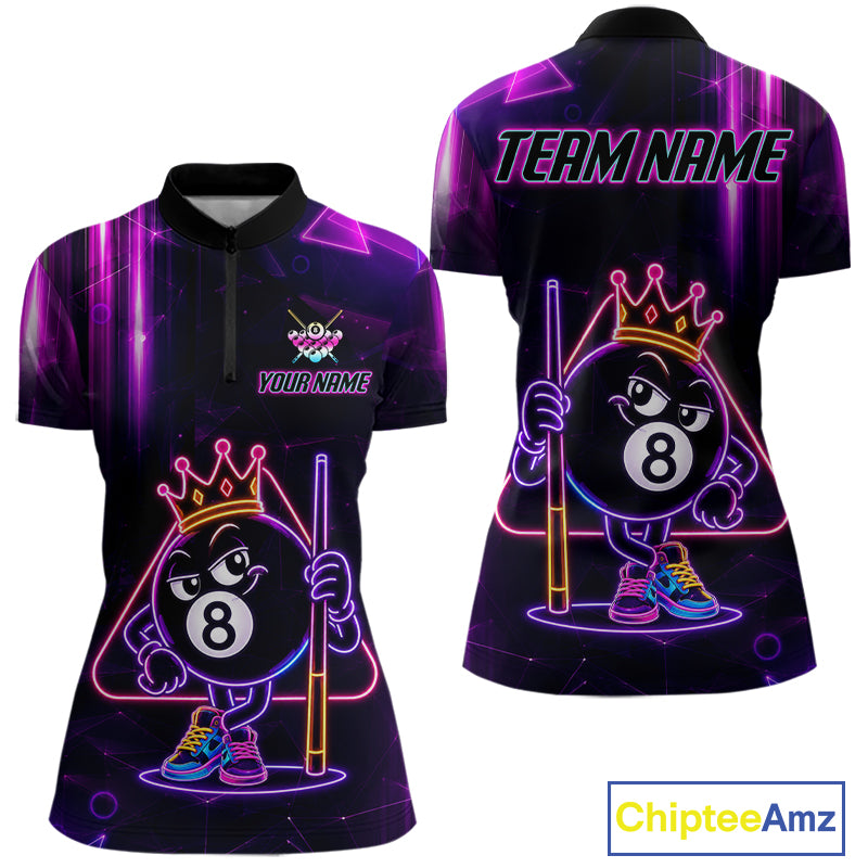 Purple Funny Neon 8 Ball Pool Quarter Zip Billiard Shirt Created for Competitive Pool League Players with Custom Team Jersey Design