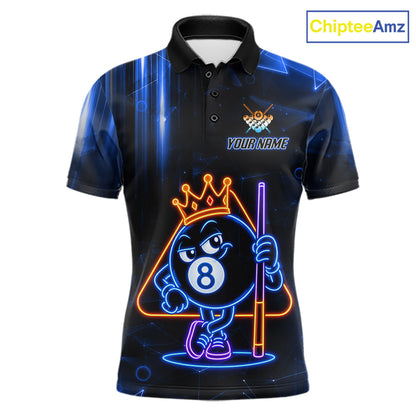 Personalized Blue Funny Neon 8 Ball Pool Billiard Polo Shirt Featuring Bright Neon Artwork for Custom Team Jerseys, League Matches, and Tournament Competition