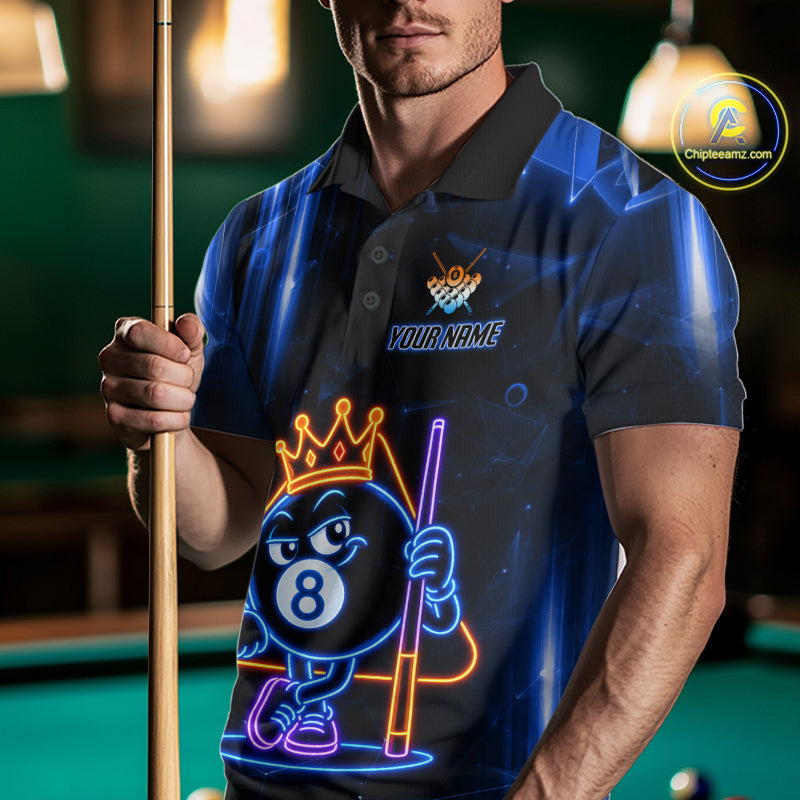 Man Wearing Personalized Blue Funny Neon 8 Ball Pool Billiard Polo Shirt with Comfortable Athletic Fit and Bold Neon Graphic Design, Front View