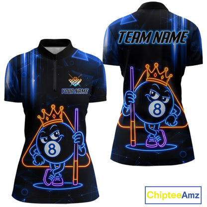 Personalized Blue Funny Neon 8 Ball Pool Quarter Zip Billiard Shirt Created for Pool League Teams with Custom Jersey Design and Performance Fabric