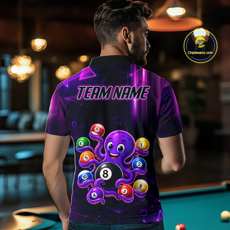 Man Wearing Purple Funny Neon Octopus 8 Ball Custom Billiard League Team Jersey Featuring the Complete Rear Neon Artwork, Back View