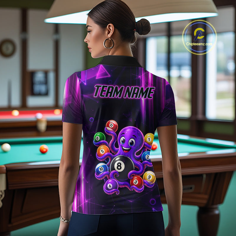 Woman Wearing Purple Funny Neon Octopus 8 Ball Custom Billiard League Team Jersey Featuring the Complete Rear Neon Artwork, Back View