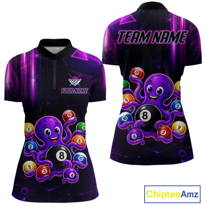 Purple Funny Neon Octopus 8 Ball Pool Quarter Zip Billiard Shirt Created for Pool League Teams with Bold Neon Artwork and Custom Team Jersey Design