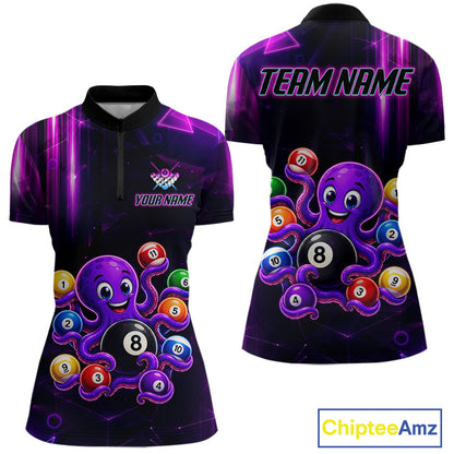 Purple Funny Neon Octopus 8 Ball Pool Quarter Zip Billiard Shirt Created for Pool League Teams with Bold Neon Artwork and Custom Team Jersey Design