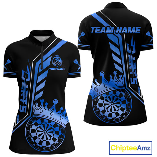Black And Blue Funny Crown Darts Shirt Polo & 1/4 Zip For Women Custom Darts League Team Jersey TDM4823