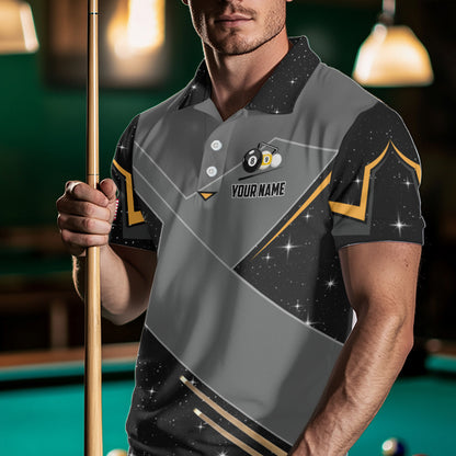 Man Wearing Personalized Yin and Yang 8 Ball 9 Ball Billiard Polo Shirt with Athletic Performance Fit and Unique Graphic Artwork, Front View
