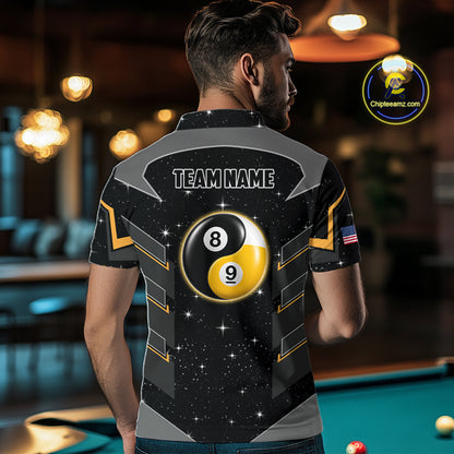 Man Wearing Personalized Yin and Yang 8 Ball 9 Ball Custom Billiard League Team Jersey Featuring the Complete Rear Graphic Design, Back View
