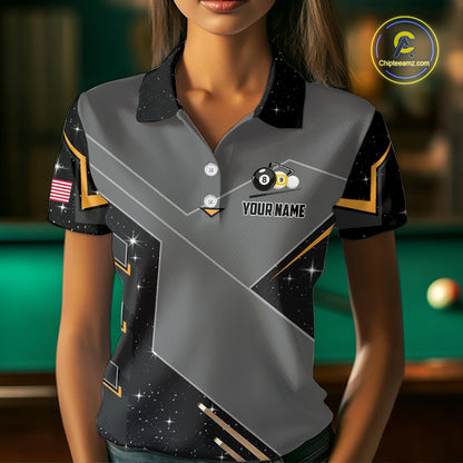 Woman Wearing Personalized Yin and Yang 8 Ball 9 Ball Billiard Polo Shirt with Athletic Performance Fit and Unique Graphic Artwork, Front View