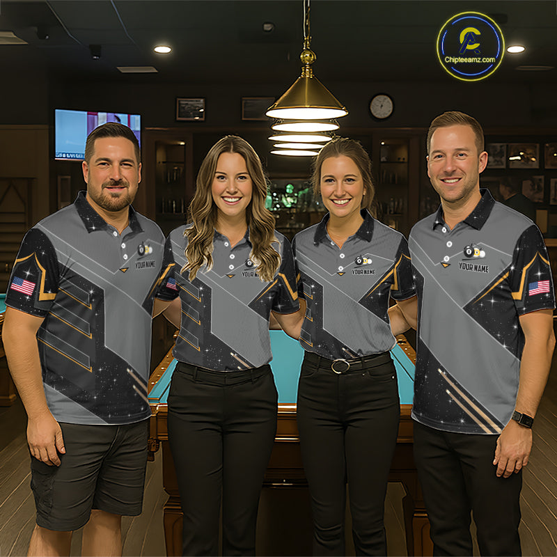 Pool Team Wearing Personalized Yin and Yang 8 Ball 9 Ball Billiard Jerseys During League Competition and Tournament Matches, Front View