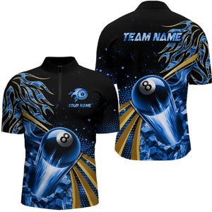 Flaming 8 Ball Pool Crack Billiard Shirts For Men Custom Pool Billiard Shirt Team Jerseys |Blue TDM3044