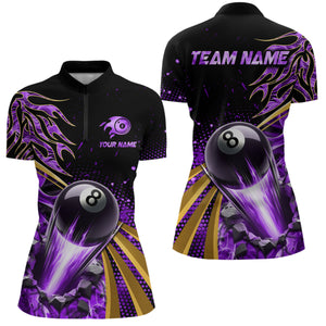 Flaming 8 Ball Pool Crack Billiard Shirts For Women Custom Pool Billiard Shirt Team Jerseys |Purple TDM3045