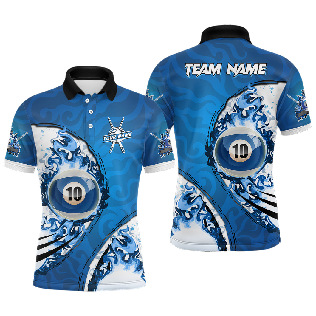 Personalized Blue Flaming 10 Ball Billiards Men Polo Shirts, Custom 10 Balls Pool Player Shirts TDM0957