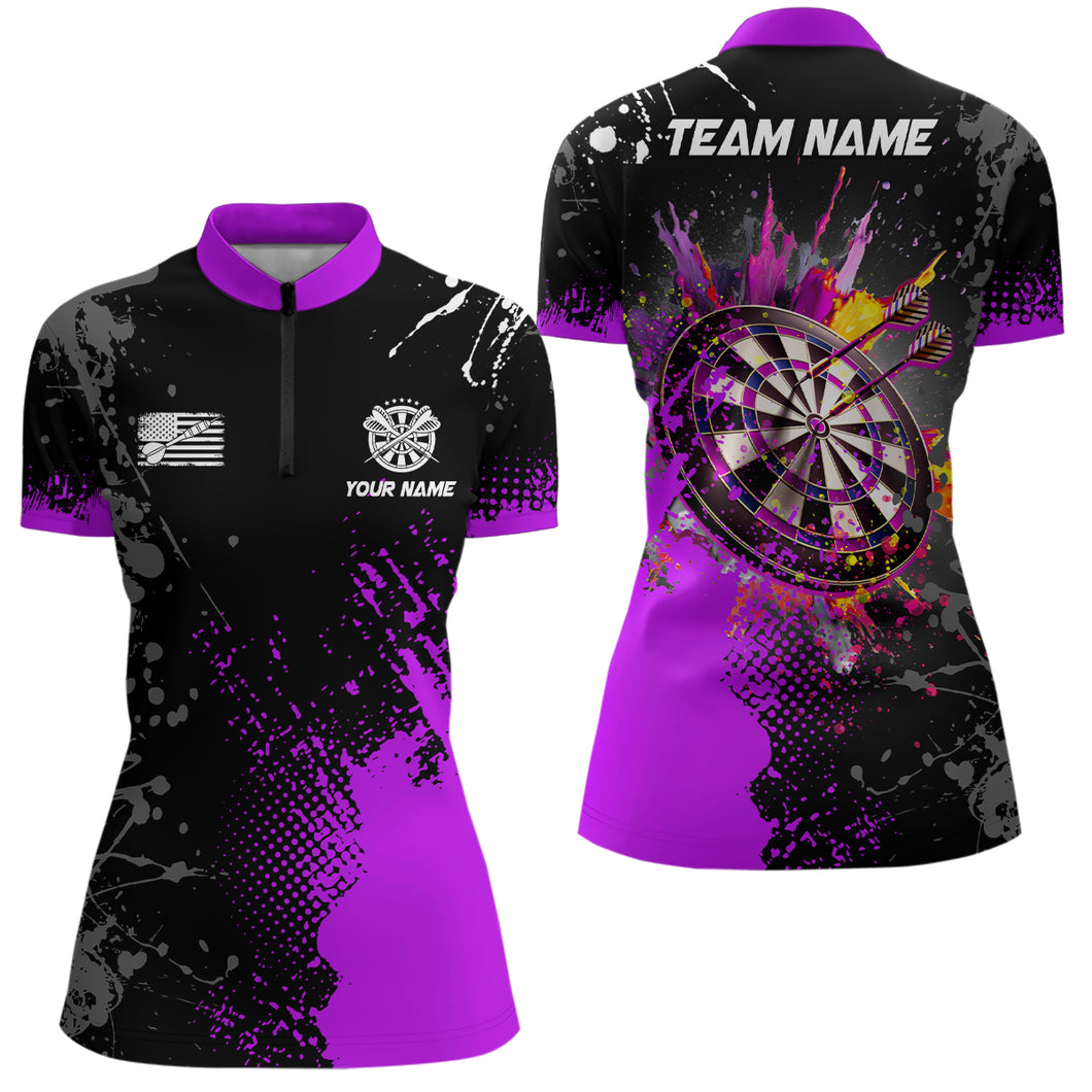 Personalized Paint Purple 3D Dartboard Women Quarter-Zip Shirts Custom Darts Jerseys Attire TDM1499