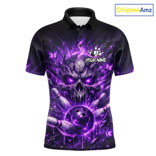 Personalized Purple Butterfly Skull Bowling Shirt For Men Custom Bowling Jersey Polo & 1/4 Zip TDM6383