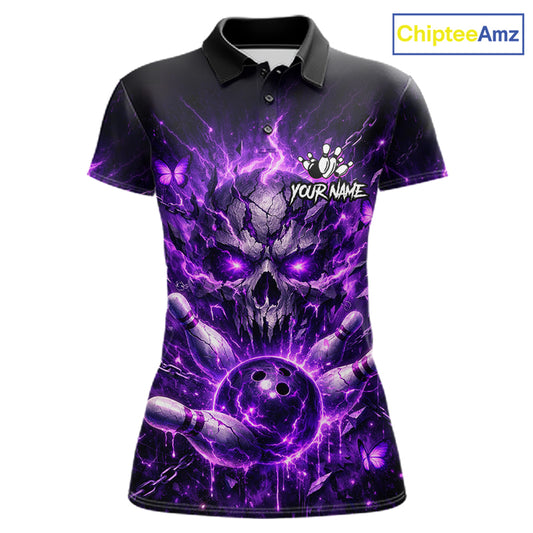 Personalized Purple Butterfly Skull Bowling Shirt For Women Custom Bowling Jersey Polo & 1/4 Zip TDM6383