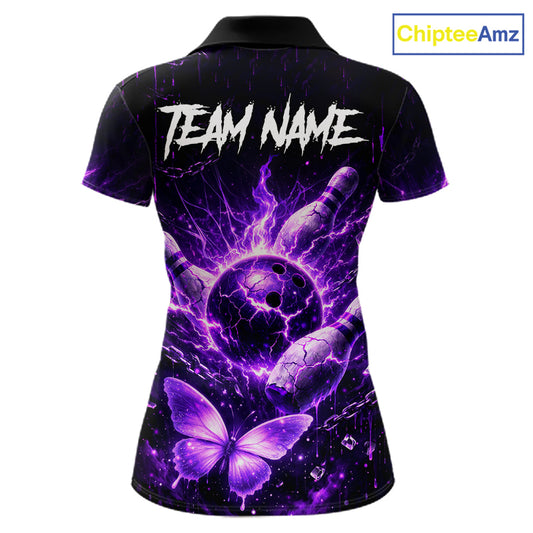Personalized Purple Butterfly Skull Bowling Shirt For Women Custom Bowling Jersey Polo & 1/4 Zip TDM6383