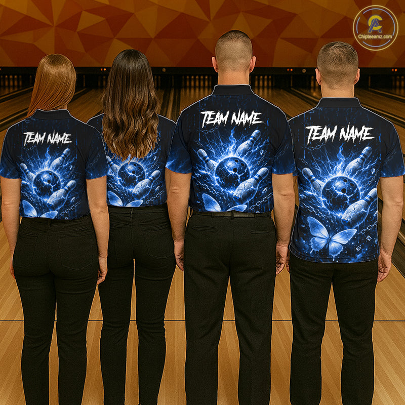 Personalized Blue Butterfly Skull Bowling Shirt For Women Custom Bowling Jersey Polo & 1/4 Zip TDM6384