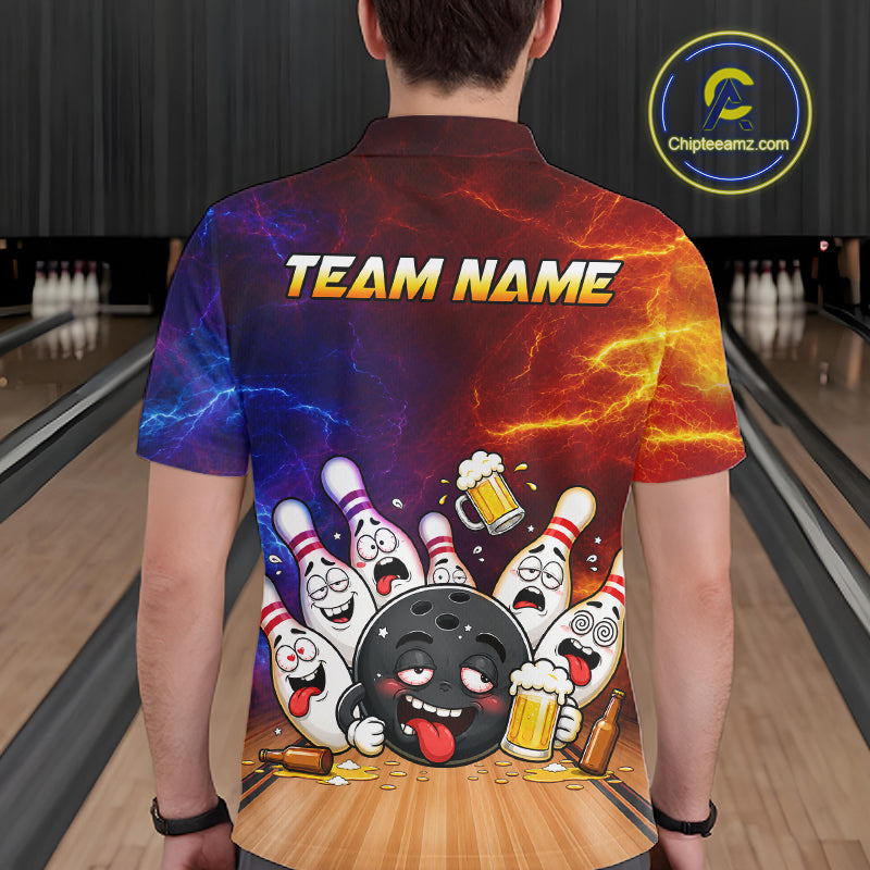Man wearing custom lightning drunk bowling balls and pins bowling team jersey polo shirt featuring funny bowling balls and pins artwork, back view.