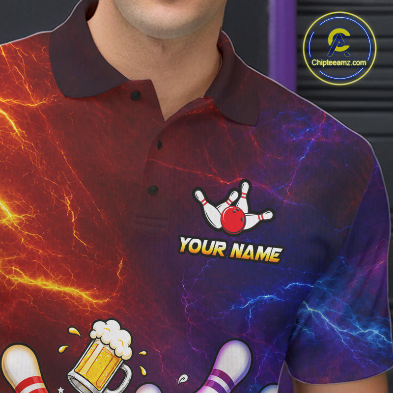 Close-up of custom lightning drunk bowling balls and pins bowling team jersey polo shirt featuring collar, buttons and bowling balls and pins artwork.