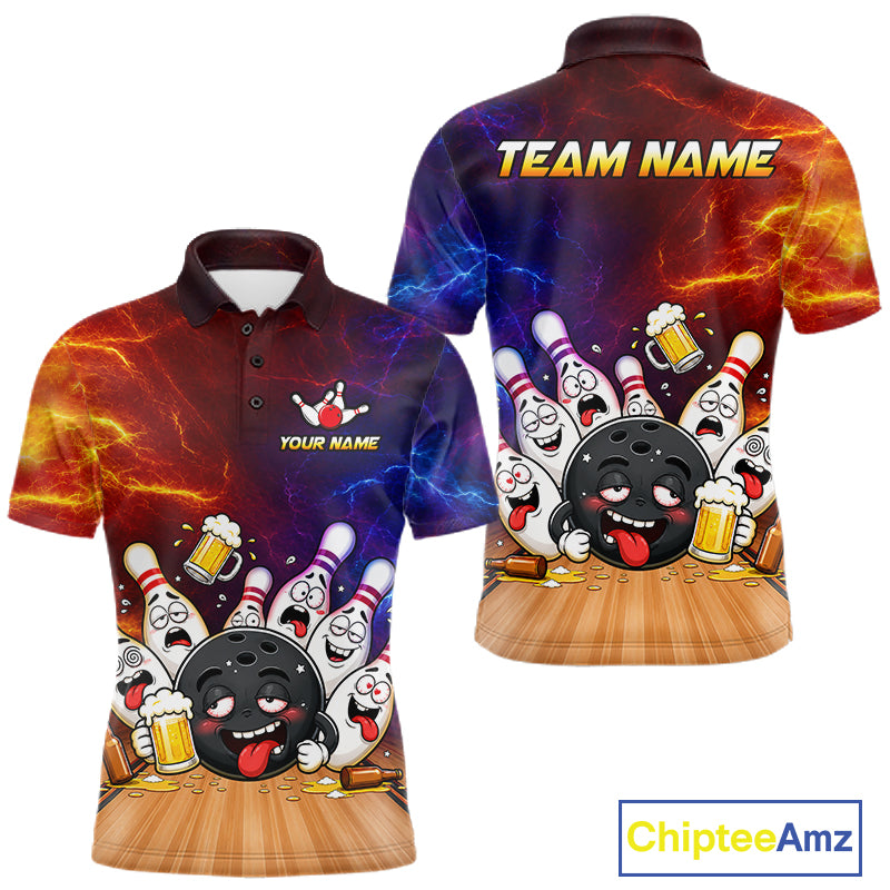 Custom lightning drunk bowling balls and pins bowling team jersey polo shirt for men featuring funny beer bowling balls and pins artwork, premium custom bowling league apparel.