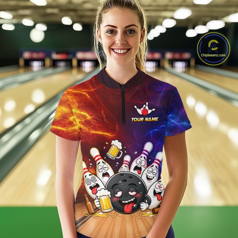 Woman wearing custom lightning drunk bowling balls and pins bowling team jersey quarter zip shirt featuring bowling balls and pins artwork, front view.