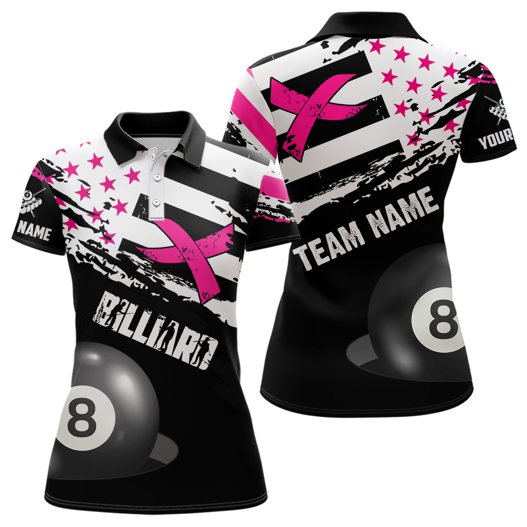 Customized Billiard Breast Cancer Flag Shirts For Women, Black And Pink Ribbon 8 Ball Billiard Jersey TDM2316