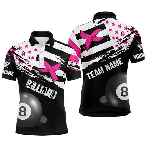 Customized Billiard Breast Cancer Flag Shirts For Men, Pink And Black Ribbon 8 Ball Billiard Jersey TDM2316