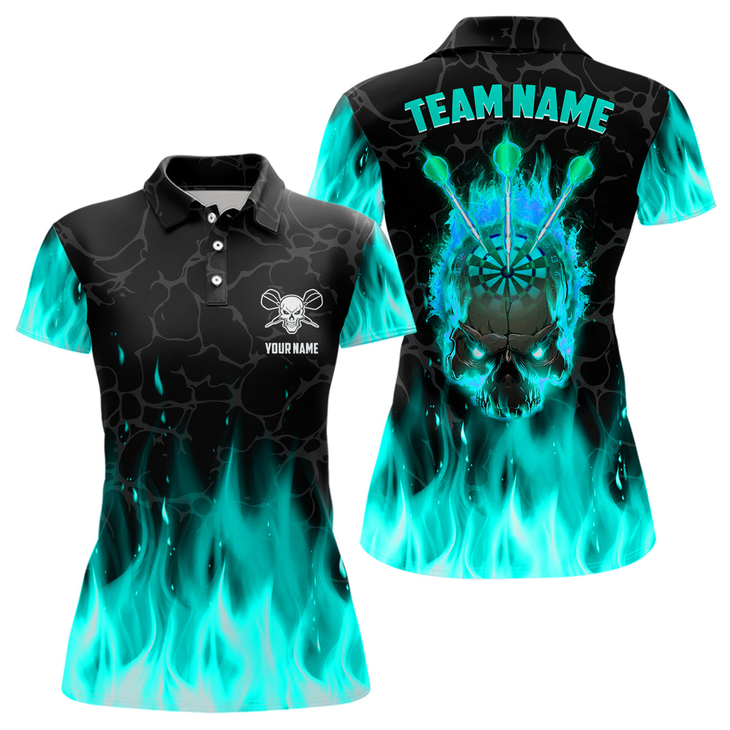 Fire Flame Skull Womens Darts Polo & Quarter Zip Shirt Custom Scary Darts Team Jerseys | Turquoise TDM2552