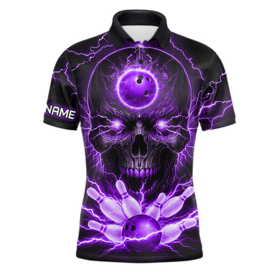 Personalized Lightning Skull Purple Bowling Shirt For Men, Bowling Team Jersey Polo & 1/4 Zip TDM6161