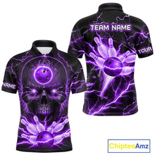 Load image into Gallery viewer, Personalized Lightning Skull Purple Bowling Shirt For Men, Bowling Team Jersey Polo &amp; 1/4 Zip TDM6161