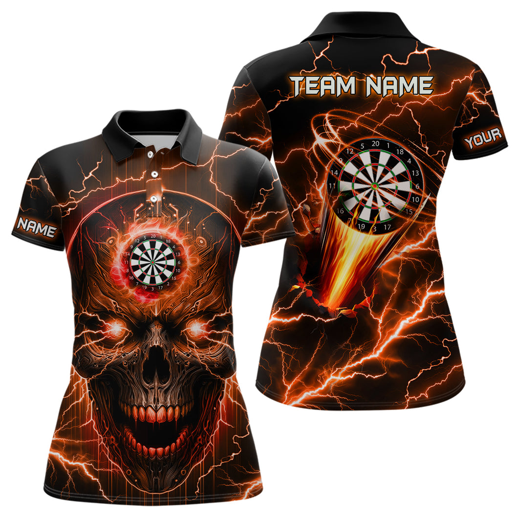 Personalized Orange Darts Skull Women Polo Shirts Custom Lightning Thunder Team League Darts Jersey TDM1512