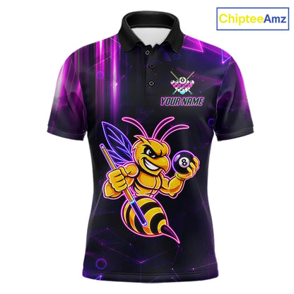 Neon funny bee 8 ball custom billiard polo shirt for men, personalized pool team jersey for tournaments.