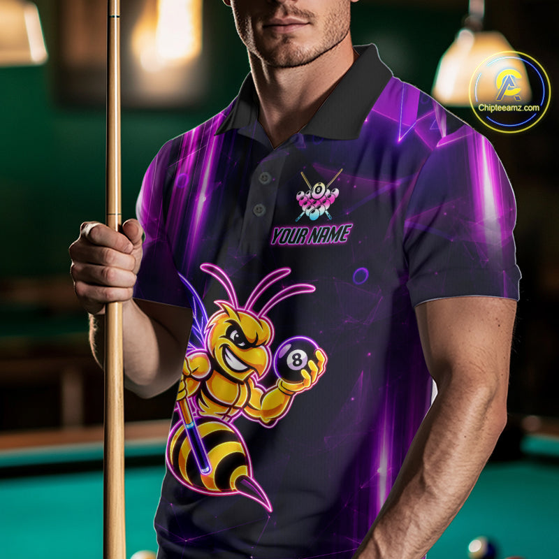 Man wearing a neon funny bee 8 ball custom billiard jersey front view, personalized pool team shirt.
