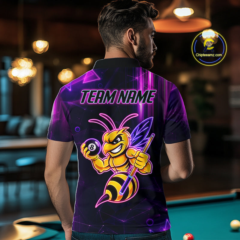 Back view of man wearing a neon funny bee 8 ball billiard team jersey, custom pool tournament shirt.